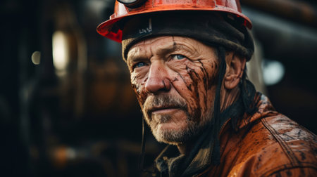 Portrait of man, oil rig worker in industrial plant. Oil on face. Portrait of man, oil rig worker inの素材