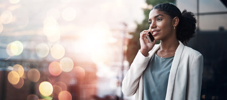 Business, banner and woman with conversation, phone call and accountant with communication, connection and speaking. Person, entrepreneur and investor with a smartphone, digital app and discussionの写真素材
