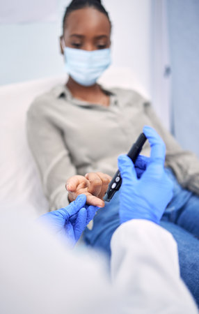 Hospital, diabetes pen and woman with doctor for glucose test, sugar level and high blood pressure. Healthcare, monitor and patient with health worker for hypertension, wellness and consultationの写真素材