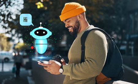 Happy man, phone and city with hologram for chat bot, automatic response or communication in town. Male person or student smile with mobile smartphone or AI app for networking or online assistanceの写真素材