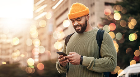 Phone, man and outdoor chat, network and social media for startup business or freelance marketing in...
