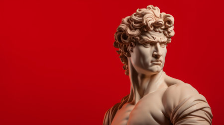 Sculpture or statue of David with angry or annoyed expression on red backgroundの素材