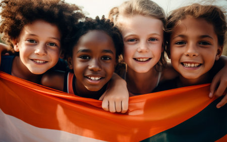 Group of diverse kids holding a flag. Educate and celebrate different nationalities and countriesの素材