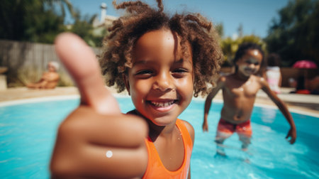 Group of diverse kids in swimming pool. Safe holiday fun activityの素材