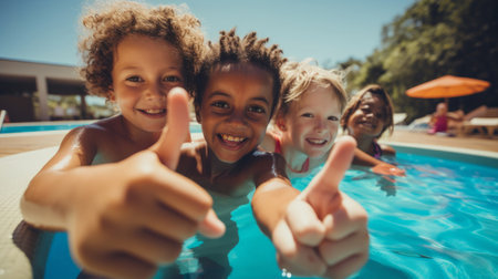 Group of diverse kids in swimming pool. Safe holiday fun activityの素材