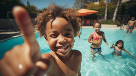Group of diverse kids in swimming pool. Safe holiday fun activityの素材
