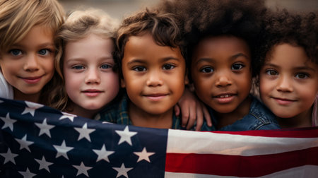 Group of diverse kids holding a flag. Educate and celebrate different nationalities and countriesの素材