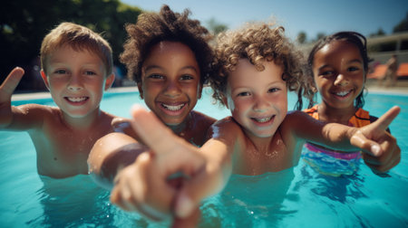 Group of diverse kids in swimming pool. Safe holiday fun activityの素材