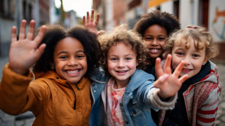 Group of kids waving. Happy and positive children traveling, making friendsの素材