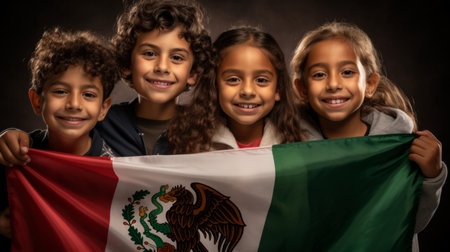 Group of diverse kids holding a flag. Educate and celebrate different nationalities and countriesの素材