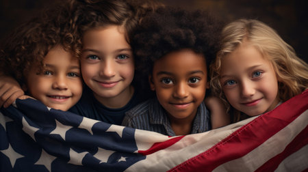 Group of diverse kids holding a flag. Educate and celebrate different nationalities and countriesの素材