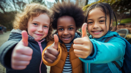 Group of kids showing thumbs up. Happy, healthy and positive childrenの素材