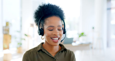 Black woman at callcenter, phone call and CRM with contact us and customer service job....