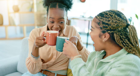 Home, friends and women with coffee, funny and relax with conversation, weekend break and...