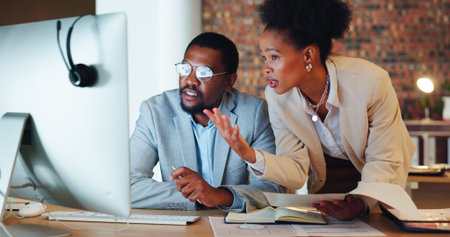 Collaboration, confused and a mentor with an employee in the office at night for project management....
