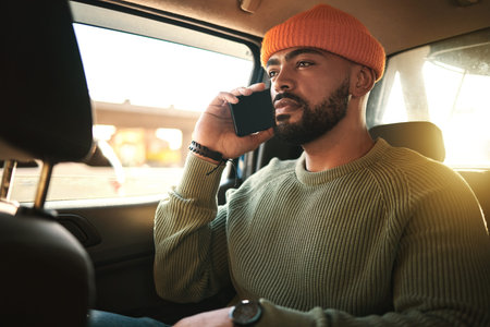 Man, smartphone in car and phone call, travel and transportation, navigation app and communication....