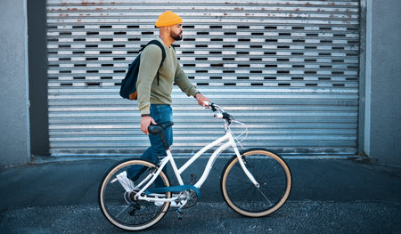 City, walk and man with bike in street for eco friendly transport to university in morning. Urban...