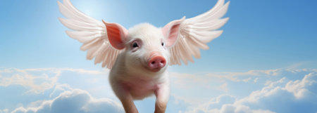 Pig with wings flying in blue sky. Idiom concept for unlikely event.の素材