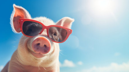 Pig with sunglasses. Vacation holiday good life concept. Stress free livingの素材