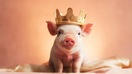 Piglet in golden crown. Cute pet in studio. Birthday gift ideaの素材