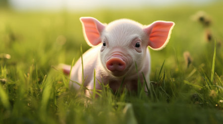 Piglet on green grass. Cute pet. Good life concept. Stress free livingの素材