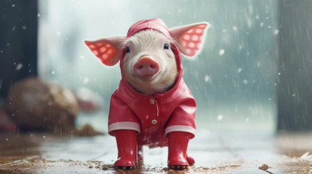 Piglet in raincoat and boots. Prepared for a rainy day, cover and protection conceptの素材