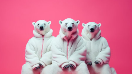 Polar bears wearing human clothes. Abstract art background copyspace concept.の素材