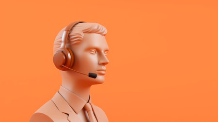 3D render of a call centre agent mannequin, wearing a headset against an orange backgroundの素材