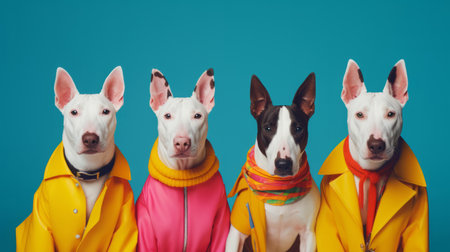 Bull terriers wearing human clothes. Abstract art background copyspace concept.の素材