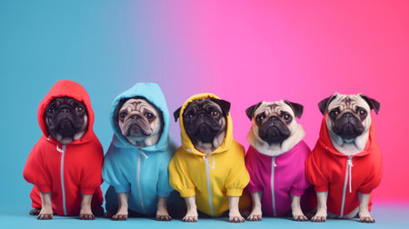 Pugs wearing human clothes. Abstract art background copyspace concept.の素材