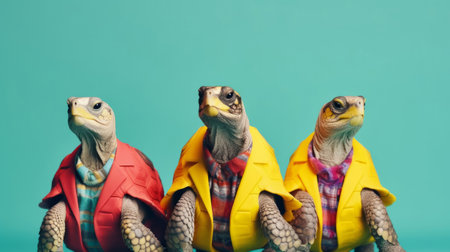 Turtles wearing human clothes. Abstract art background copyspace concept.の素材
