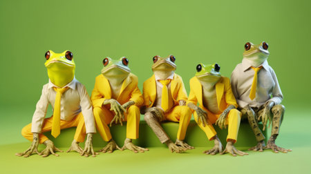 Frogs wearing human clothes. Abstract art background copyspace concept.の素材