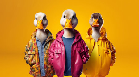 Ducks wearing human clothes. Abstract art background copyspace concept.の素材