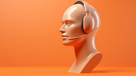 3D render of a call centre agent mannequin, wearing a headset against an orange backgroundの素材