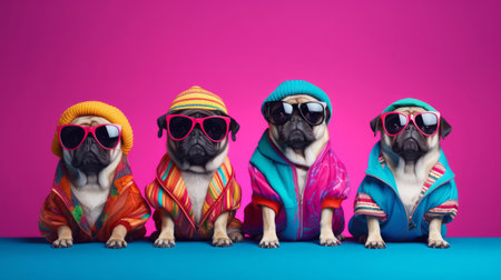 Pugs wearing human clothes. Abstract art background copyspace concept.の素材
