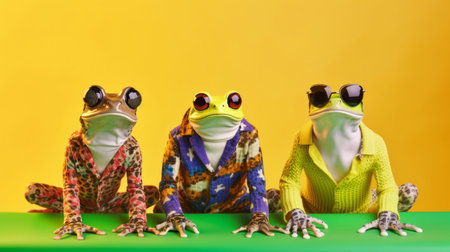 Frogs wearing human clothes. Abstract art background copyspace concept.の素材