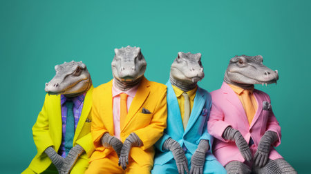 Alligators wearing human clothes. Abstract art background copyspace concept.の素材
