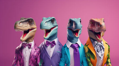 Dinosaurs wearing human clothes. Abstract art background copyspace concept.の素材