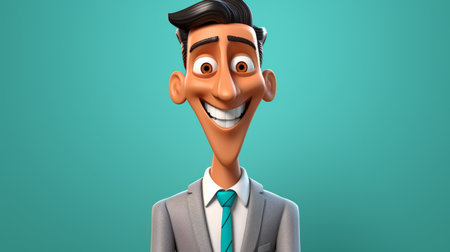 3D Cartoon of a businessman or sales person for virtual reality avatar, against teal backgroundの素材