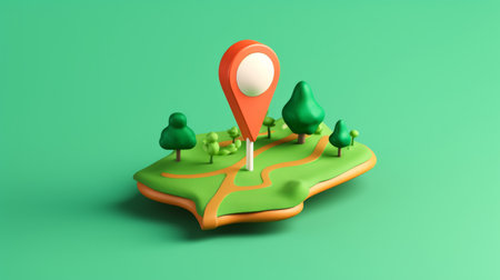 3D render of a location or gps icon and a map, against a green backgroundの素材