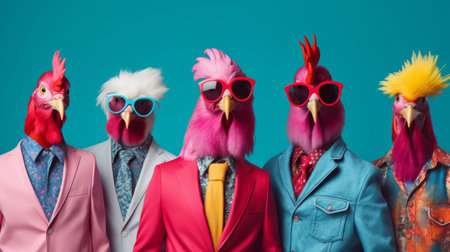 Chickens wearing human clothes. Abstract art background copyspace concept.の素材