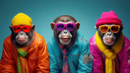 Monkeys wearing human clothes. Abstract art background copyspace concept.の素材