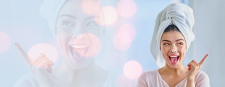 Woman, excited and beauty cream or skincare with wow for results or thinking on white background in double exposure. Model with moisturizer, face skin care and dermatology on banner or bokeh overlayの写真素材
