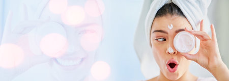 Woman, cover eye and beauty cream, skincare and wow for results or facial product on white background in double exposure. Model thinking of collagen, skin care and dermatology banner or bokeh overlayの写真素材