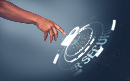 Hand, lock and hologram overlay for cyber security, web safety and click for coding, programming or...