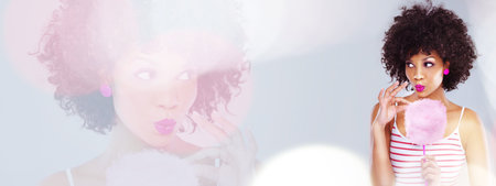 Beauty, cosmetics and woman in mockup overlay, eating candy and double exposure for fashion promo. Banner, presentation and sweets, face of trendy model with info space for makeup and girl in studio.の写真素材