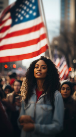 American protester listening to speech, american flag. Human rights. Activism concept.の素材