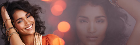 Happy woman, smile and beauty in portrait, double exposure and banner with mockup space and studio background. Bokeh, hair and Indian fashion model with style and clothes, overlay and cosmetic careの写真素材