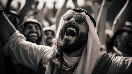 Arab protester shouting at protest. Human rights. Activism concept.の素材