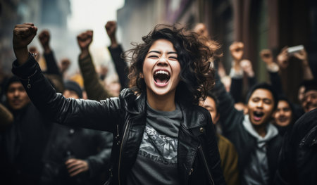 Asian american protester shouting in mach. Human rights. Activism concept.の素材
